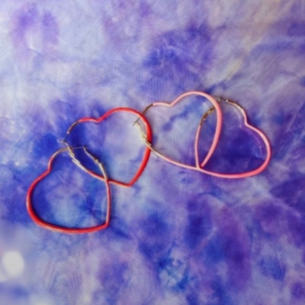 Heart Hoops Set Red/Pink Gold Accents Statement Earrings Fun Stylish Jewelry